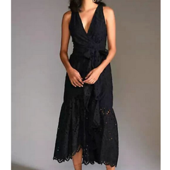 Anthropologie Maeve 6 NWT Eyelet Wrap Midi Dress Black $180 Pockets Cocktail - Picture 2 of 6